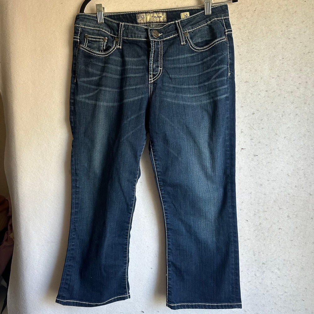 BKE Payton Bootcut Crop Jeans Dark Wash Rhinestone Pockets Size 30 BK14153